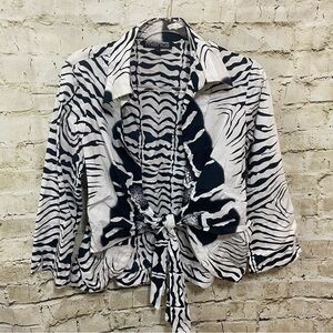 MISHCA‎ Tie Front Wrap Blouse Black White Zebra Collared Top